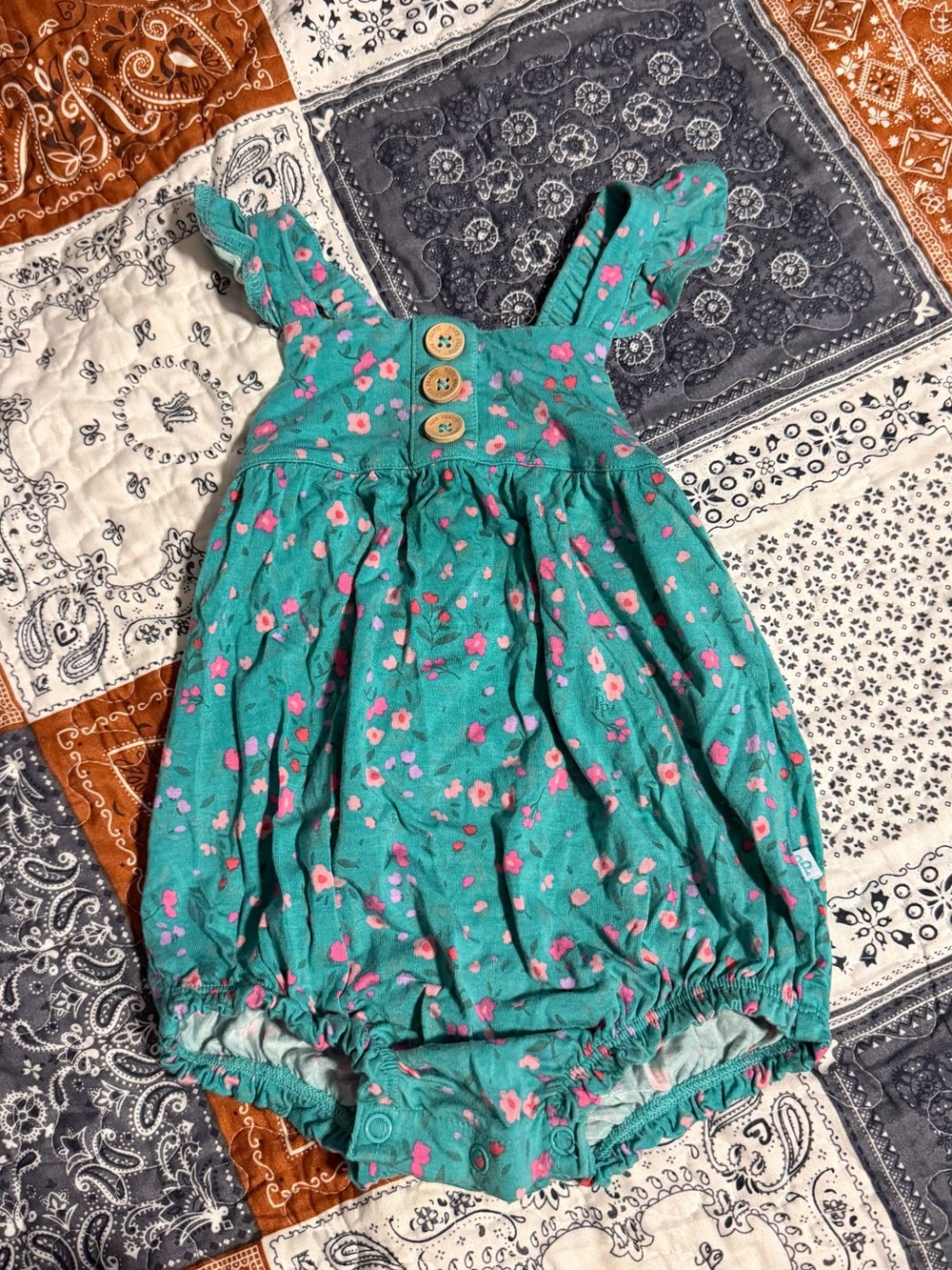 Posh Peanut Teal Floral Bubble Romper with Pink Flowers